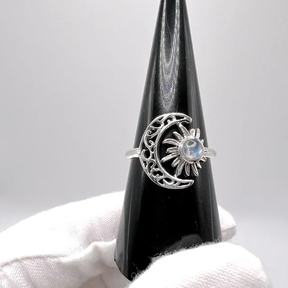 Genuine Rainbow Moonstone .825 Sterling Silver Filigree Crescent Moon & Sun Ring - Picture 6 of 17